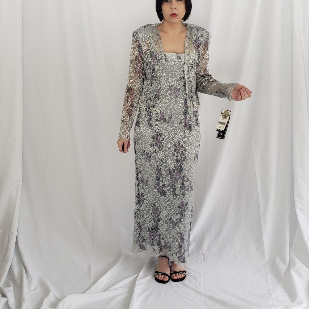 90s/Y2K‎ Deadstock Silver Floral Dress with Jacket